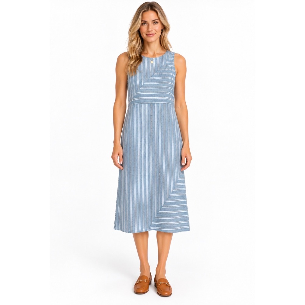 J. Jill Love Linen Blue White Striped Sleeveless Asymmetric Midi Dress Small